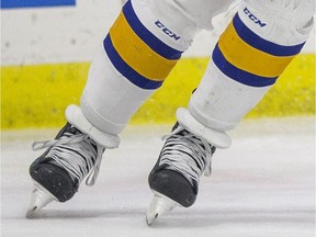 SASKATOON,SK--JANUARY 05/2018-0106 Sports Blades Rebels- Saskatoon Blades defenceman Jake Kustra celebrates a goal against the Red Deer Rebels in third period WHL action in Saskatoon, SK on Friday, January 5, 2017.