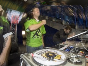 DJ Anchor of Armed With Harmony, real name Trystan Meyers, keeps the crowd going during a game between the Saskatchewan Rush and the Rochester Knighthawks at SaskTel Centre