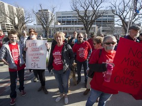 Saskatoon Public Library workers and supporters at a protest outside Saskatoon City Hall on April 30, 2018.