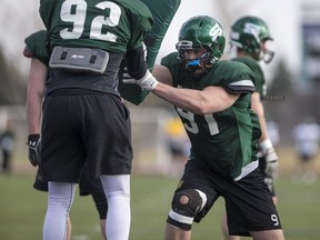 Huskies football recruit Riley Pickett, a defensive lineman, during Spring Camp at Griffiths Stadium in Saskatoon, SK on Thursday, May 3, 2018.