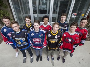 Saskatoon Minor Hockey Association players selected in the 2018 WHL Bantam Draft: (back row, L-R) Adam McNutt, Logan Bairos, Jacob Hoffrogge, Hunter Larocque, Brett Mirwald; (front row, L-R) Alex Bernauer, Karter McNarland, Ryan Jockims and Matt Hodson, pictured on May 3, 2018