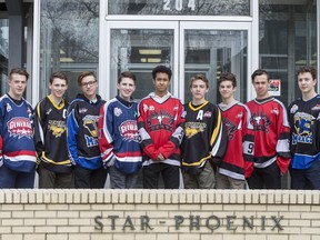 Adam McNutt, left to right, Logan Bairos, Alex Bernauer, Karter McNarland, Jacob Hoffrogge, Ryan Jockims, Matt Hodson, Brett Mirwald, Hunter Larocque. all Saskatoon Minor Hockey Association players selected in the WHL Bantam Draft, outside the Star Phoenix in Saskatoon, SK on Thursday, May 3, 2018.