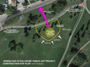 A rendering of restrictions that will be in place at Victoria Park as the City of Saskatoon installs a new piece of artwork by Canadian sculptor Gordon Reeves. Restrictions will be in place between May 9 through May 11 with an official unveiling of the piece set for June 20.