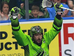 Saskatchewan Rush's Mark Matthews celebrates his goal against Calgary Roughnecks during a one-game, sudden-death playoff game at SaskTel Centre in Saskatoon, Sask. on May 13, 2018.