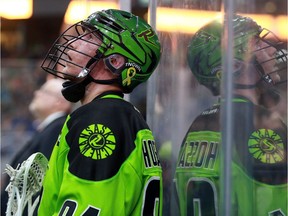 Rush's Matt Hossack watches a replay of a goal against Calgary Roughnecks during a one-game, sudden-death playoff game at SaskTel Centre on May 13, 2018.