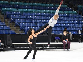 Cirque du Soleil's Nobahar Dadui (left) and Jerome Sordillon (right) get used to the SaskTel Centre arena ahead of the Saskatoon premiere of Crystal on May 16th, 2018.