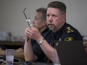 Saskatoon Police Service Chief Troy Cooper speaks during a Saskatoon Board of Police Commissioners meeting about a third-party operational review of the police service at City Hall in Saskatoon on Thursday, May 17, 2018.