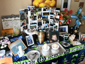 A shrine created in memory of Brennan Ahenakew at his home with items and images from family and friends. Pictures taken May 18th, 2018.