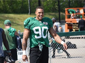 Defensive end Jordan Reaves is all smiles now that he's back on the field with the Roughriders.