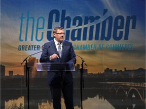 Premier Scott Moe gives his first state of the province address on May 25, 2018 at Prairieland Park in Saskatoon.