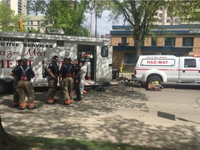 Saskatoon firefighters and police responded to Saskatoon City Hall on Friday, May 25, 2018 after a white-powdery substance was found outside of the building on Friday afternoon. Saskatoon's Emergency Measures Organization indicated in a Tweet there was no risk to public safety.