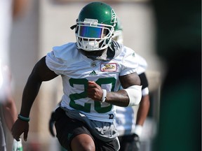 SASKATOON, SK - Saskatchewan Roughriders running back Zac Stacy runs drills during week two of Rider Training Camp at Griffiths Stadium in Saskatoon, Sask. on May 29, 2018.