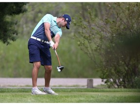 Liam Courtney tees off during the North Ridge Saskatoon Amateur Golf Championship at Riverside Golf and County Club in Saskatoon on June 26, 2017.