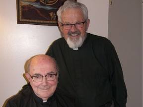 Rev. Bernard de Margerie, left, and Rev. Canon Colin Clay are long-time friends and share the unique connection of being ordained on exactly the same day 60 years ago. Photo by Darlene Polachic