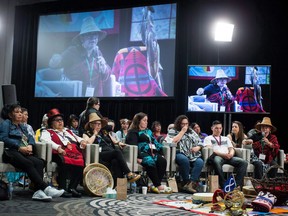 Bernie Williams, right, who has been an advocate for women in Vancouver's Downtown Eastside for 30 years, testifies at the final day of hearings at the National Inquiry into Missing and Murdered Indigenous Women and Girls, in Richmond, B.C., on April 8, 2018. The Native Women's Association of Canada issued its third report card assessing the national inquiry into missing and murdered Indigenous women today and while there have been some improvements, several areas still received a failing grade.