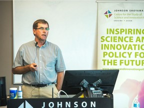 Garry Meier, President, Hemp Production Services Inc., speaks at a Hemp Industry Forum hosted by the the Johnson Shoyama Centre for the Study of Science and Innovation Policy at Innovation Place.
