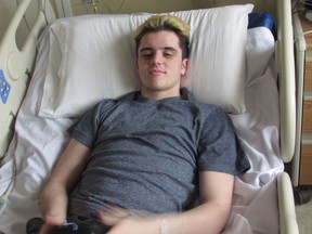Former Humboldt Broncos player Ryan Straschnitzki takes a break after rehab at Foothills Hospital in Calgary in this photo taken Thursday, May 18, 2018. He was paralayzed from the chest down following an April bus crash in Saskatchewan.