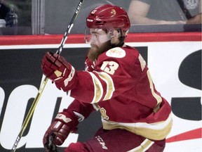 Acadie-Bathurst Titan's Adam Holwell celebrates his goal against the Swift Current Broncos during third period Memorial Cup action in Regina on Saturday, May, 19, 2018.