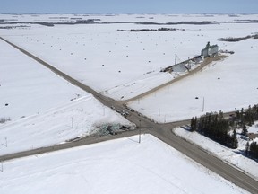 The intersection of Highway 35 and Highway 335, known locally as Armley Corner, is seen Saturday, April, 7, 2018 after the crash of the Humboldt Broncos team bus.