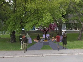 This rendering shows a proposed memorial to victims of impaired driving, paid for by Mothers Against Drunk Driving, which would be located on the north lawn area of Saskatoon City Hall. (City of Saskatoon)