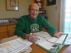 Harvey Johnson, shown in 2010, was the statistician on Saskatchewan Roughriders radio broadcasts for 49 years.