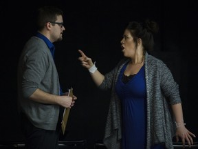 Nathan Yaworski and Kristen Harder of Cornerstone Theatre rehearse Next to Normal.