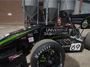 Chennoa Tracy sits in her teams Formula Car at the University of Saskatchewan in Saskatoon, SK on Saturday, May 19, 2018.