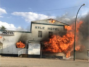 The Kyle Hotel, a town landmark of Kyle, Saskatchewan, burned down on May 16, 2018. Photo courtesy of Swift Current RCMP.