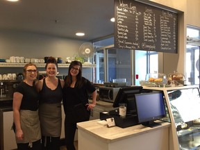 Living Sky Cafe owner Taylor Morrison (centre) with employees Taylor Hancock (left) and Jenna Dubé at the cafe's new space on Third Avenue in Saskatoon on May 9, 2018. (Erin Petrow/ Saskatoon StarPhoenix)