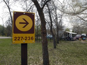 A sign indicates the locations of camp sites in Echo Valley Provincial Park, Sask.