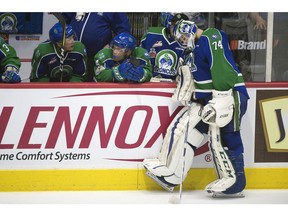 Swift Current Broncos goalie Stuart Skinner is shown by his team's bench during the third period of Wednesday's Memorial Cup game against the Regina Pats.