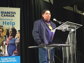Traditional knowledge keeper Rick Favel delivers his keynote address during the 15th annual Indigenous Gathering on Diabetes at Prairieland Park in Saskatoon on May 16, 2018. (Erin Petrow/ Saskatoon StarPhoenix)