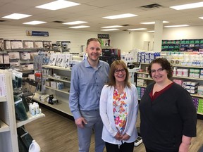 Schaan Home Healthcare president and CEO Collin Schaan (left to right) with product specialists Terry Heard and Tam Gun inside the new Schaan Home Healthcare retail store on Central Avenue in Saskatoon on April 20, 2018. (Erin Petrow/Saskatoon StarPhoenix)