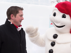 Conservative Leader Andrew Scheer pitches the Conservative platform to Bonhomme in Quebec City in February.