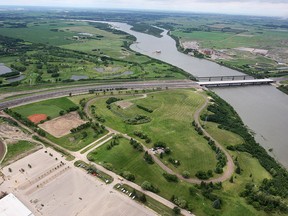 An aerial photo shows the south Circle Drive bridge project near Diefenbaker Park in 2013