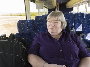 MELFORT, SASK : May 30, 2017 - Sandra Lune sits on an STC bus bound for Regina. Lune has taken the bus from her home in Bjorkdale regularly for 14 years. MICHAEL BELL / Regina Leader-Post.