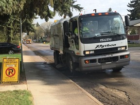 Sutherland residents saw City of Saskatoon street sweepers roll through the neighborhood on Tuesday, May 8, 2018. The sweepers will be visible around the city for the next numbers of weeks as they remove all the rocks and gravel that have accumulated over the winter months. (John Grainger / Saskatoon StarPhoenix)