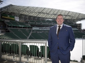 Tim Reid, the newly appointed president and CEO of Evraz Place, stands in Mosaic Stadium.