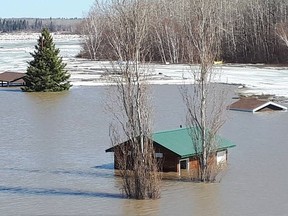 An ice jam in the North Saskatchewan River caused massive flooding in the Wapiti Valley Regional Park on April 28, 2018. (Helen Sanderson Jenkins/ Facebook)