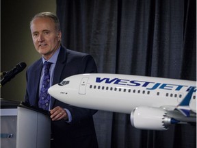WestJet president and CEO Ed Sims addresses the airline's annual meeting in Calgary, Tuesday, May 8, 2018.