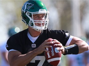 Roughriders quarterback Zach Collaros runs drills during day one of Rider training camp at Griffiths Stadium in Saskatoon, Sask. on May 20, 2018.