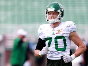 Saskatchewan Roughriders receiver Mitch Picton runs drills during day five of Rider Training Camp at SMF Field in Saskatoon, Sask. on May 24, 2018.