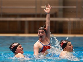 Synchronized swimmer Jordyn Friedt practices her team routine at Shaw Centre in Saskatoon, May 9, 2018.