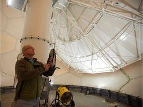 Senior radar technologist Mark Abt shows off the inside of the radome at the new weather radar station near Radisson, Sask. on June 5.