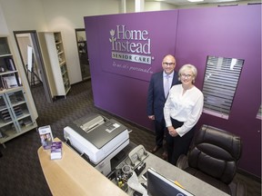 Greg Charyna, left, and Karen Charyna stand for photograph in their newly relocated business Home Instead Senior Care franchise in Saskatoon, on Tuesday, June 12, 2018.