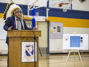 Saskatoon Tribal Council Chief Mark Arcand speaks during a media event announcing the formation of a First Nations Fitness and Wellness Academy at E.D. Feehan Catholic High School in Saskatoon, SK on Wednesday, June 13, 2018.