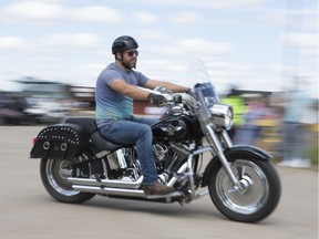 Bikers ride off during 10th Annual Ride for Dad event outside the Western Development  Museum to help raise money to fight Prostate Cancer in Saskatoon, SK on Saturday, June 16, 2018.