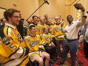 Surviving members of the Humboldt Broncos take a photo with NHL player P. K. Subban following an event put on by the NHL in Las Vegas, NV on Tuesday, June 19, 2018.