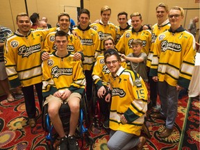 Surviving members of the Humboldt Broncos stand for a photograph Las Vegas, Nevada, June 19, 2018.