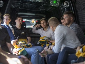 Surviving members of the Humboldt Broncos travel back to their hotels following a media event put on by the NHL in Las Vegas, NV on Tuesday, June 19, 2018. The NHL announced a special day in Humboldt on August 24th.